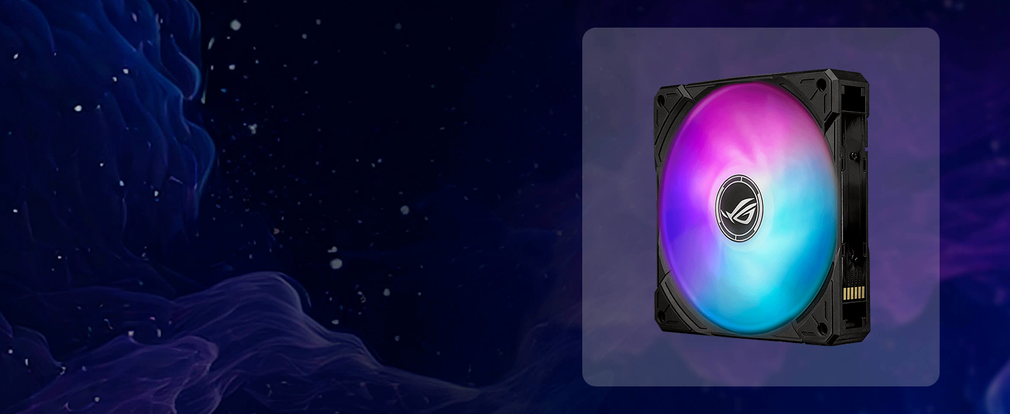 Ventilateur de refroidissement pour ordinateur avec effets d'éclairage RGB affichant des couleurs rose et bleu sur fond sombre avec un motif en forme d'étoile. Ventilateur monté dans un cadre carré.