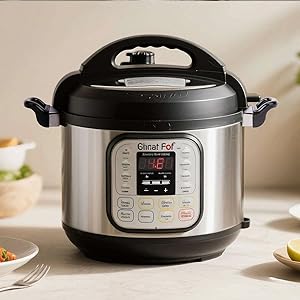 A kitchen countertop with the product placed alongside various cooking utensils and ingredients.