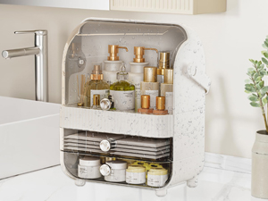 Kitchen organization system showing mounted storage solutions with glass jars and containers. Multiple views of organized pantry storage.