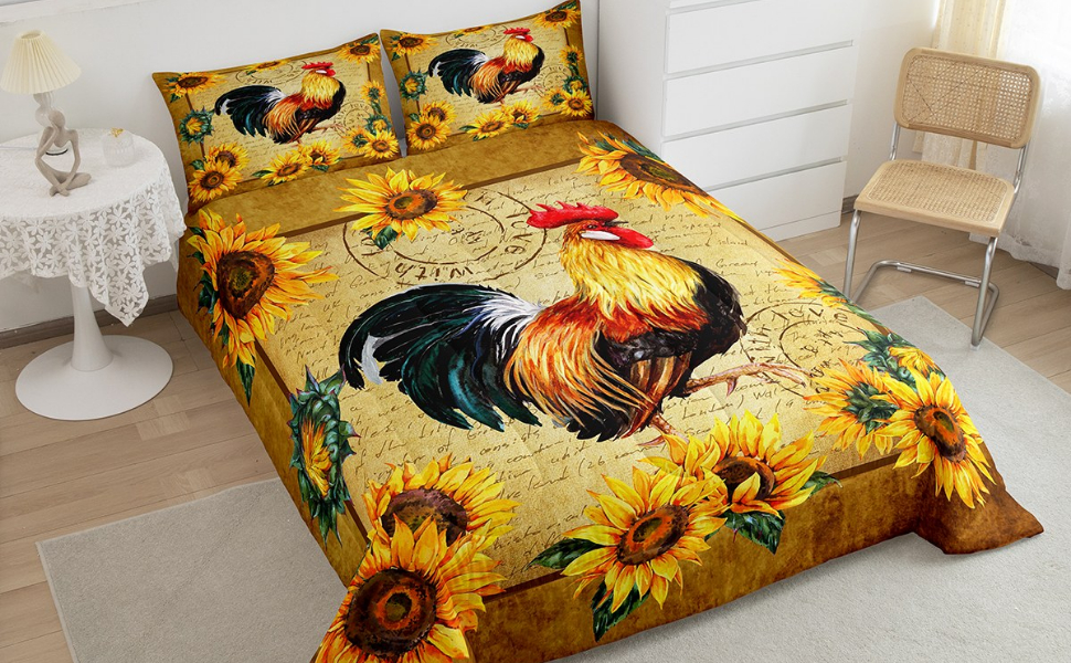 Farmhouse Rooster Bedding Queen Size,Yellow Sunflower Quilt