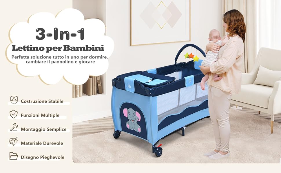 DREAMADE 3 In 1 Lettino Da Campeggio Per Bambini, Letto Pieghevole Con Fasciatoio E Giocattolo Appeso, Meterasso Imbottito, Culla Co-Sleeping Per Bambini 0-36 Mesi, 125 X 66 X 77 Cm (Brown) 10 01