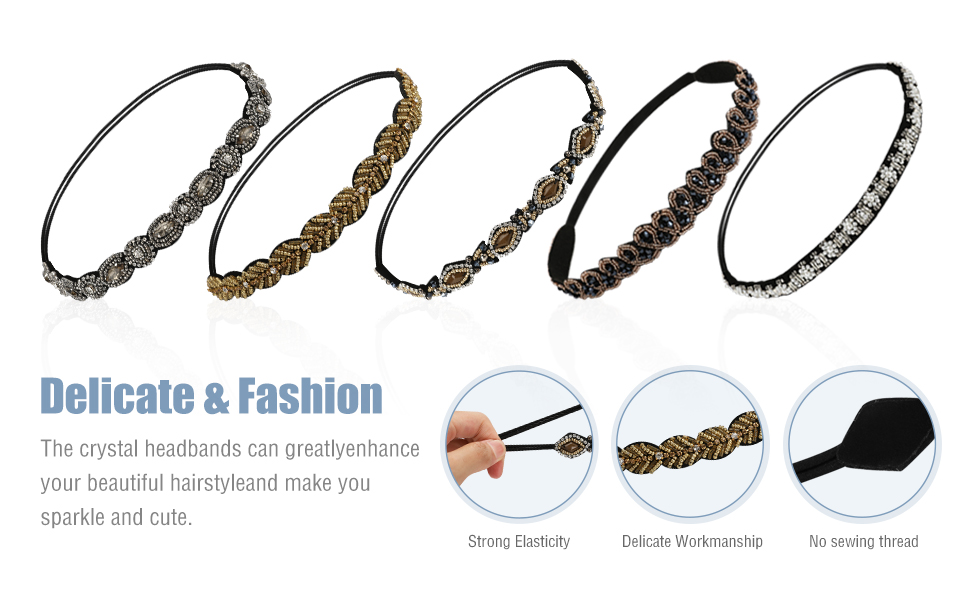 Numberone Elastic Rhinestone Headbands for Women, 5Pcs Handmade