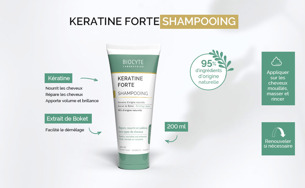 Keratine Forte avec informations sur le produit. Les caractéristiques comprennent 95 % d'ingrédients naturels, de l'extrait de kératine et des instructions d'application. Taille de 200 ml indiquée