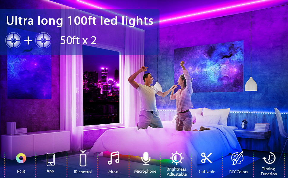 Nexillumi 100ft LED Strip Lights with IR Remote UltraLong