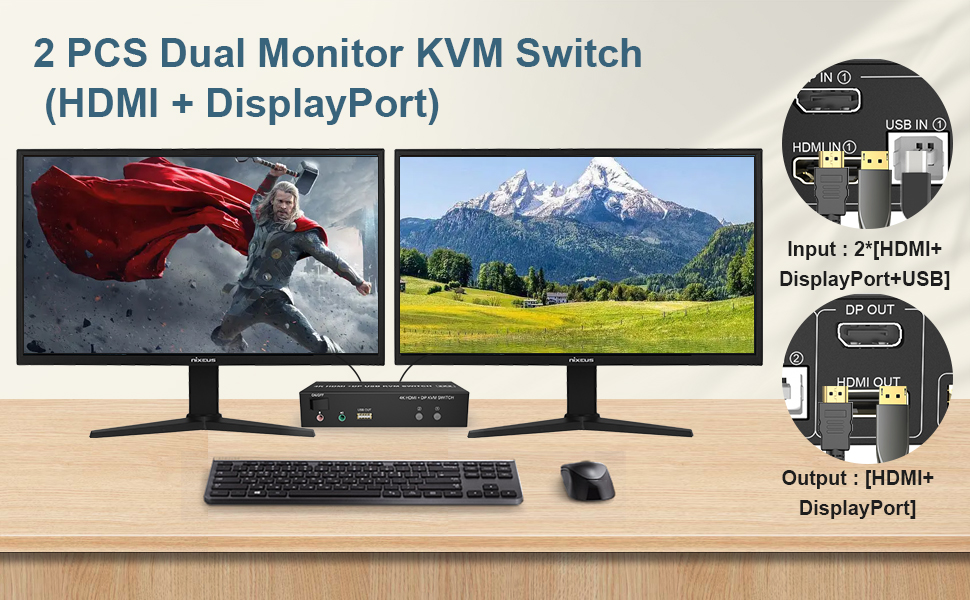 DisplayPort HDMI Dual Monitor KVM Switch 4K60Hz 2 in 2 Out Displayport