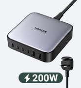 UGREEN Nexode 200W USB C Charger Multi-Function 6 in 1 GaN Charge Power Adapter USB Fast Charger ...