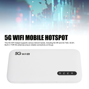 White rectangular 5G WiFi mobile hotspot device with LED indicators. Marketing graphic shows digital connectivity visualization above the product image.