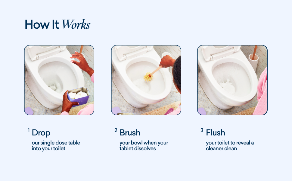 How it works. Drop a single tablet in toilet, Brush once dissolved, Flush and you are done