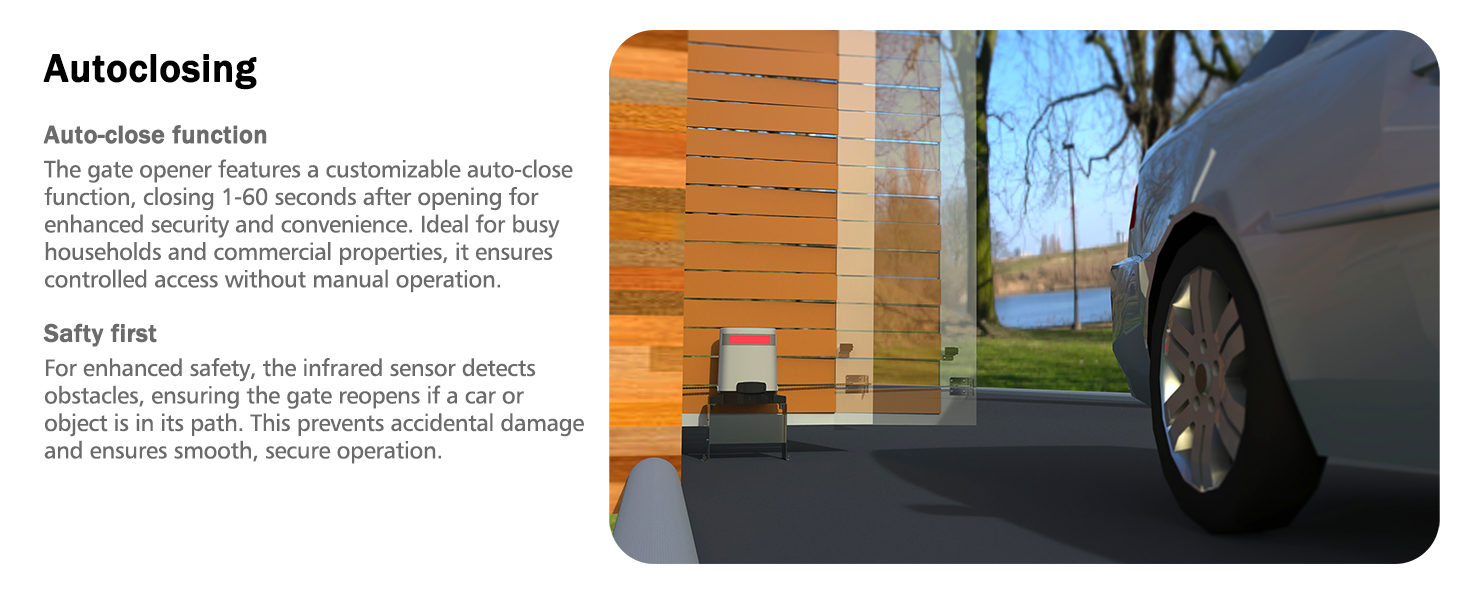 Auto-closing function, adjustable delay, secure sliding gate auto shut-off system