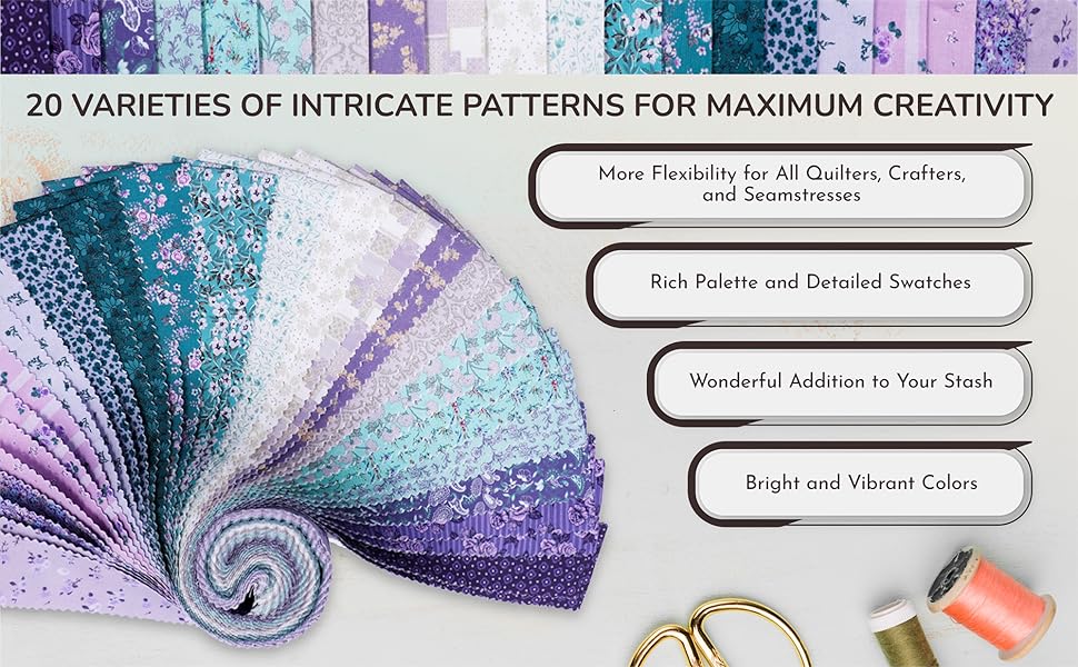 turquoise, purple, pink jelly roll strips, 20 variety of intricate patterns for maximum creativity