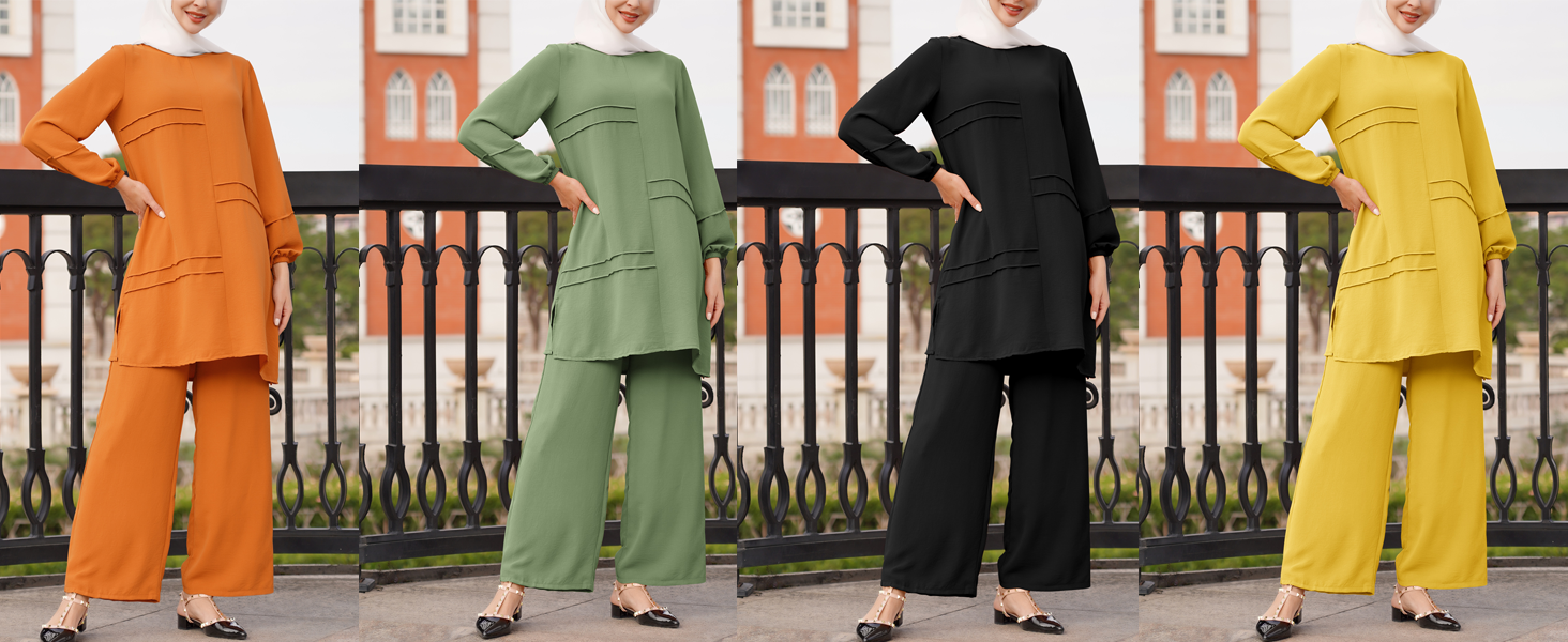 Abayas Dress for Women Muslim Long Sleeve Loose Top Pants 2 Pcs Dubai Islamic Muslim Women