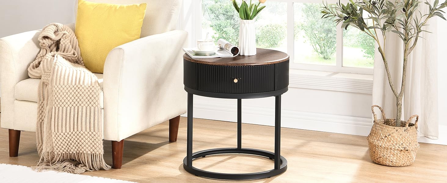 OIOG Round Nightstand with Drawer, Modern Side Table, Black