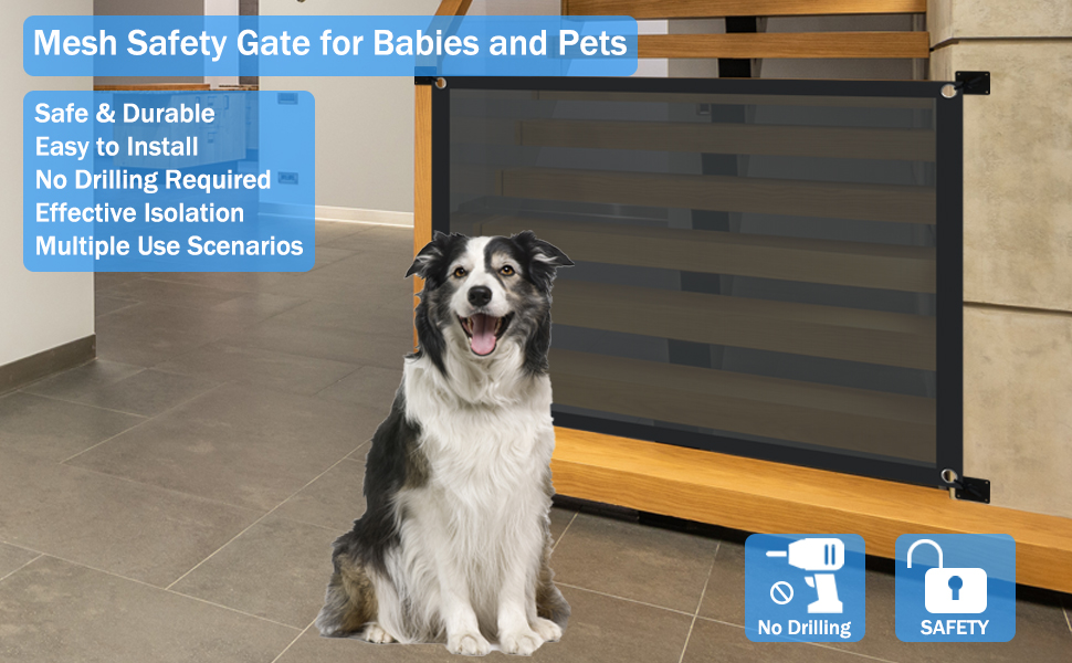 Dog Gates for The House 40'' X 30'', Mesh Baby Gate for Stairs, Portable Folding