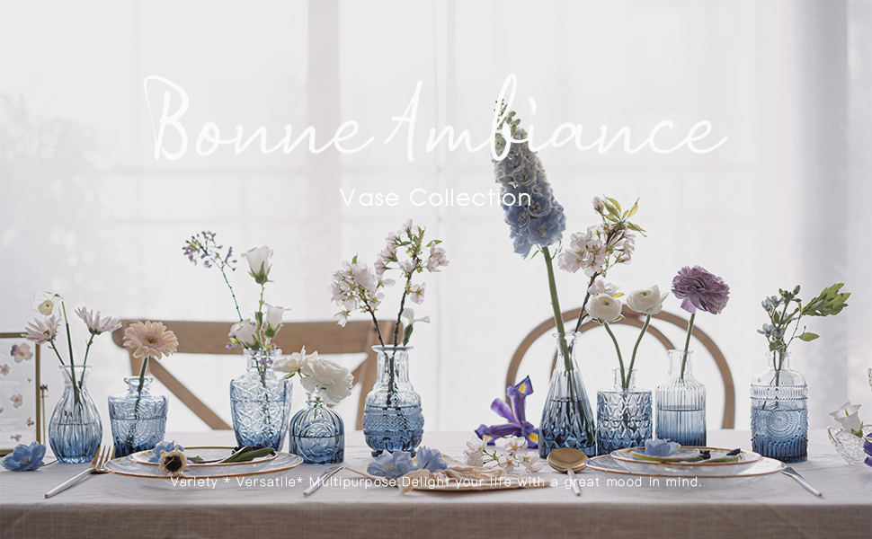 Blue Glass Bud Vase Set of 10 Small Vases for Flowers, Bud Vases in