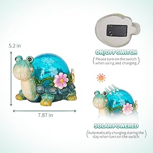 Garden Statue Turtle Figurine - Solar Powered Resin Animal Sculpture with LED Warm String Light