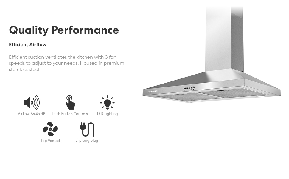 63024P, Cosmo Wall Mount Range Hood, Stainless Steel, LED Lights, Push Button Controls, Convertible