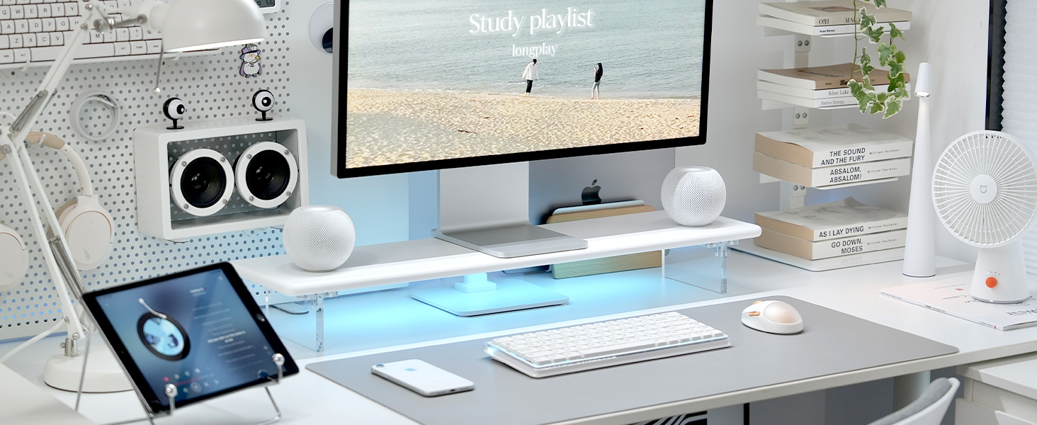 Bamboo Monitor Stand Riser in White with RGB Light