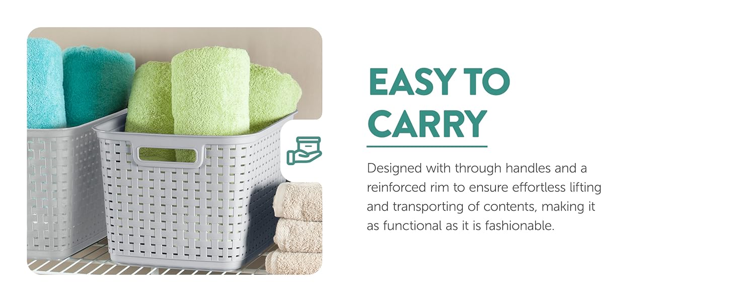 A plastic basket showcasing neatly arranged towels labeled as &#39;easy to carry&#39;.