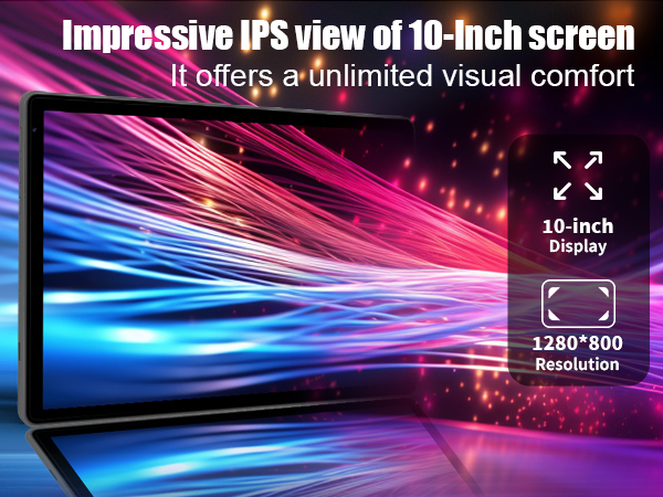 10-inch IPS display screen with 1280x800 resolution, showing vibrant pink and blue light streaks. Device appears to be a tablet or portable monitor.
