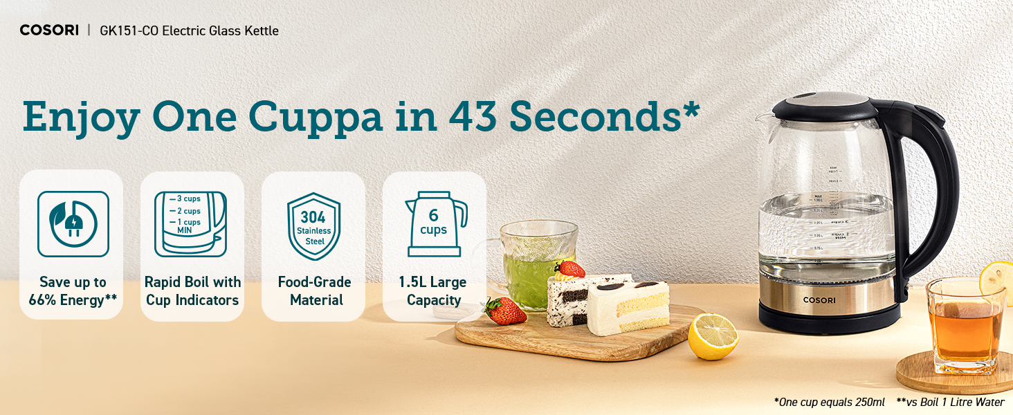 COSORI Electric Kettle Glass, Fast Boil Quiet, 3000W 1.5L with Blue LED