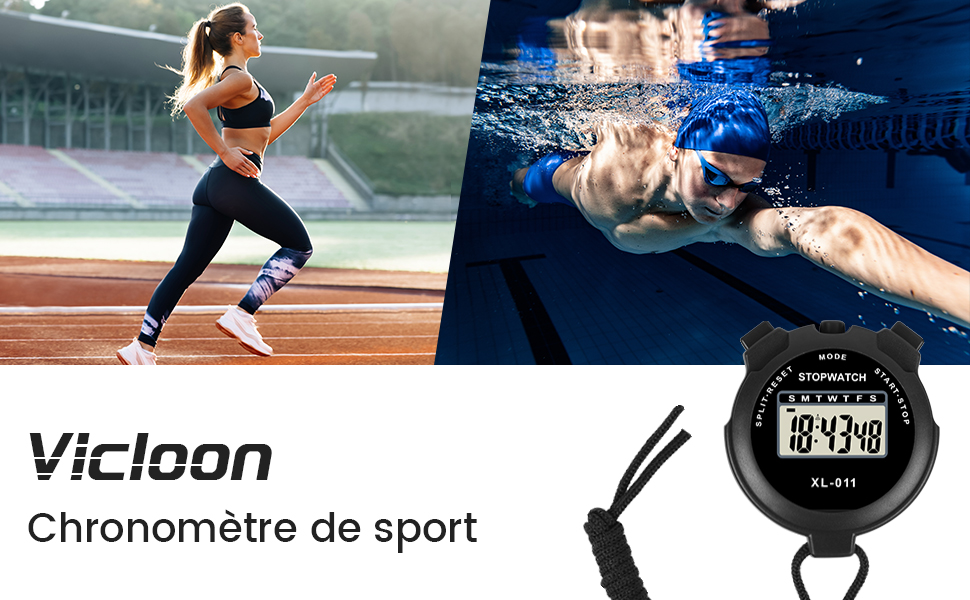 Vicloon Chronomètre Électronique Étanche, Multifonction Chronomètre de Sport, Chronomètre Numérique Chronomètre Montre Numérique d'Arbitre par Intervalles ABS Extérieure avec Lanière (Noir) 1