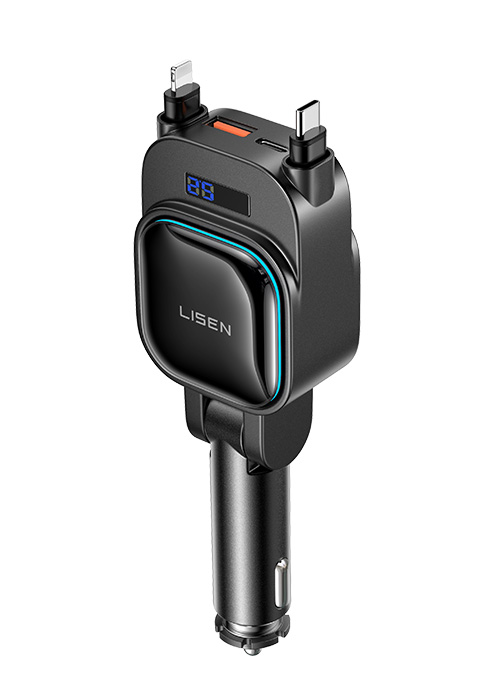 Car charger with digital display and multiple ports. Black device with blue LED accent. Features USB-C and Lightning connectors on flexible arms. Displays '88' on screen.
