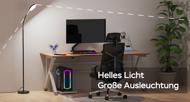 Der Text lautet „Helles Licht“ und „Große Ausleuchtung“. Moderner Innenraum mit Stehlampe und Pflanzen, die Lichteffekte demonstrieren.