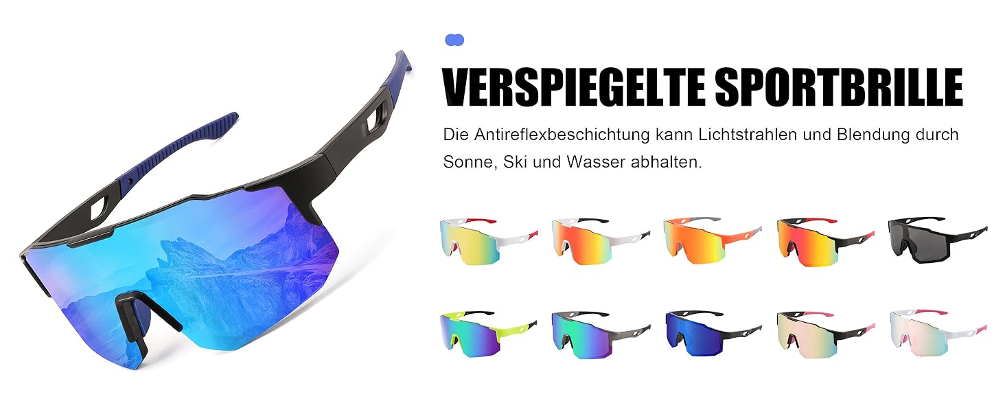 verspiegelte Sportbrille in 11 Glasfarben erhältlich