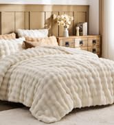 Lotus Karen Faux Fur Queen Comforter Set – Cream White Fluffy Comforter Queen Size, Big Bubble Fa...