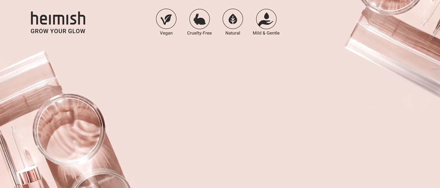 Pink-toned beauty product advertisement featuring Heimish brand logo, circular product containers, and four icons indicating product benefits.