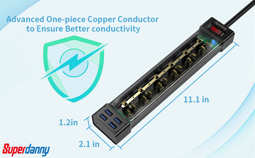 Surge Protector Power Bar, 6 Outlet & 4 USB Ports, SUPERDANNY Power