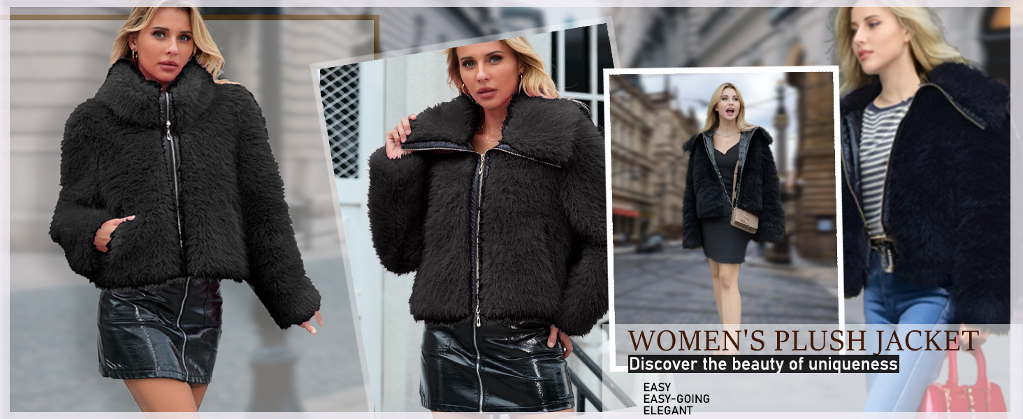 BLack Women Winter Parka Coat Long Sleeve Faux Fur Coat with Hooded Warm Short Overcoat Jacket