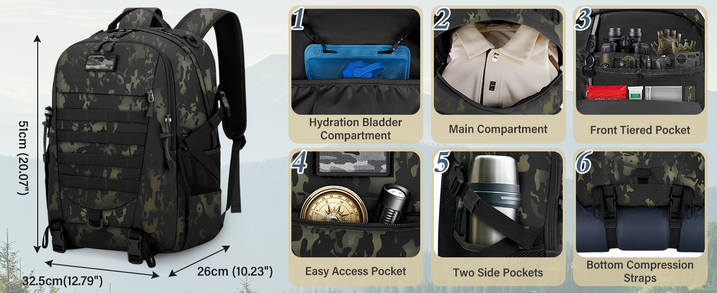 Tactical backpack features diagram showing multiple compartments including laptop sleeve, main storage, tool side pockets, and front closed pocket.