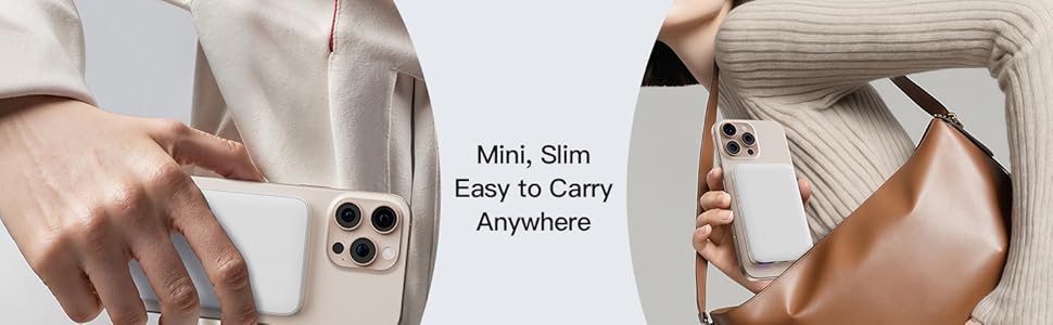 Le texte indique « Mini, mince, facile à transporter n'importe où » Démonstration du produit montrant un appareil portable compact tenu dans la main.