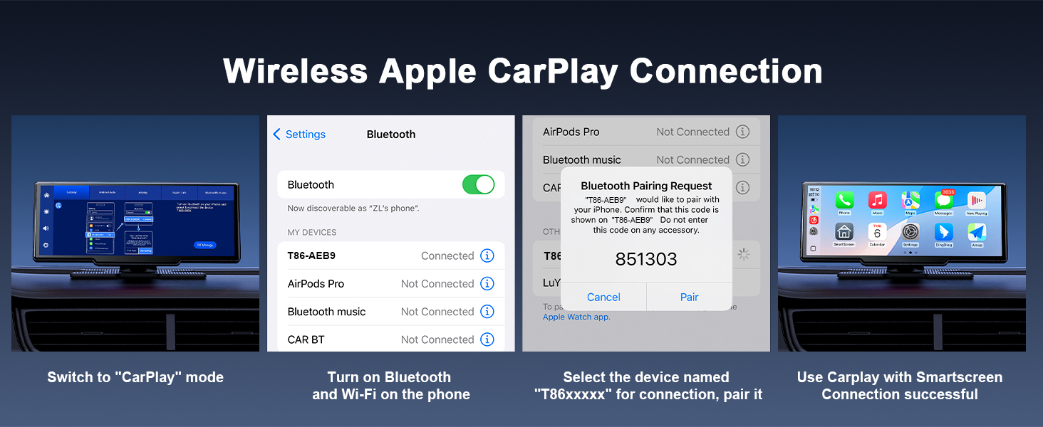 Four-panel instructional image for wireless Apple CarPlay connection. Shows vehicle display, iPhone settings, and successful connection screen with app icons on car interface.