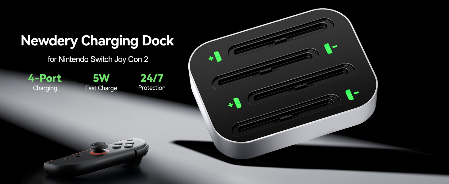 Le texte indique « Newdery Charging Dock » avec « 24/7 » et « SW ». Station de chargement noire avec voyants LED verts sur fond sombre.