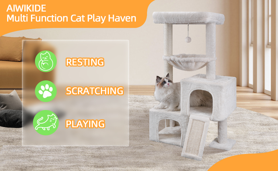 AIWIKIDE 37.4" Cat Tree Cat Tower with Twin Cat Condos for Indoor Cats, AllinOne
