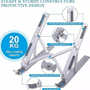 INEFABLE Portable Laptop Aluminium Stand with Adjustable Height, Ventilated, Foldable Stand, 7" Height, for 15.6" Laptop with Carry Pouch for Desk & Table Mount - Pack of 1 (Silver) 42 SPN-BPFSC