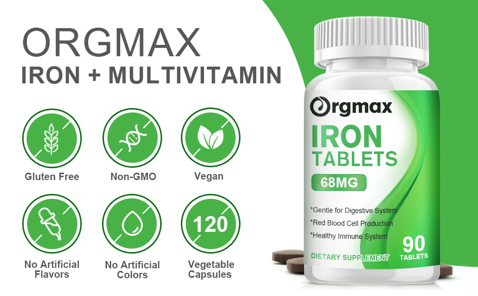 ORGMAX Multivitamin with Iron 68mg, Iron Supplement with