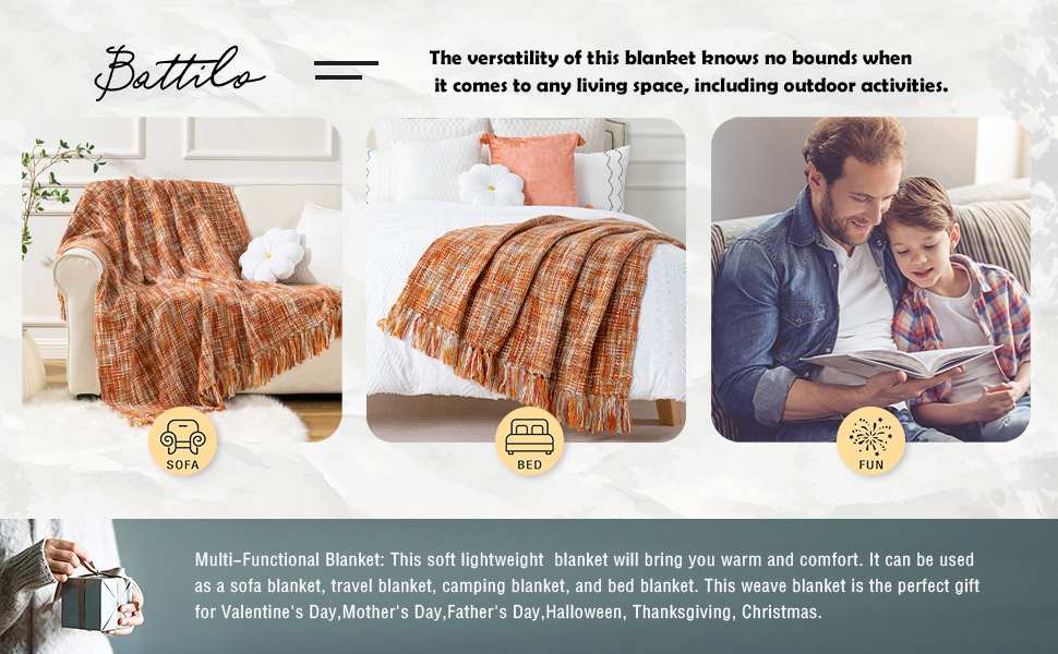 BATTILO HOME Burnt Orange Fall Throw Blanket for Couch Bed
