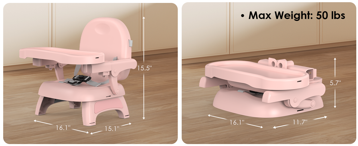 This booster seat  can fold into a compact size for easy travel and storage. Max weight is 50 lbs.