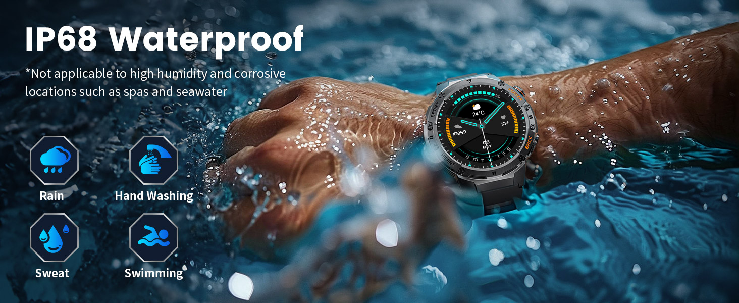Text reads 'IP68 Waterproof'. Product demonstration showing a smartwatch submerged in water with water droplets and ripple effects visible.