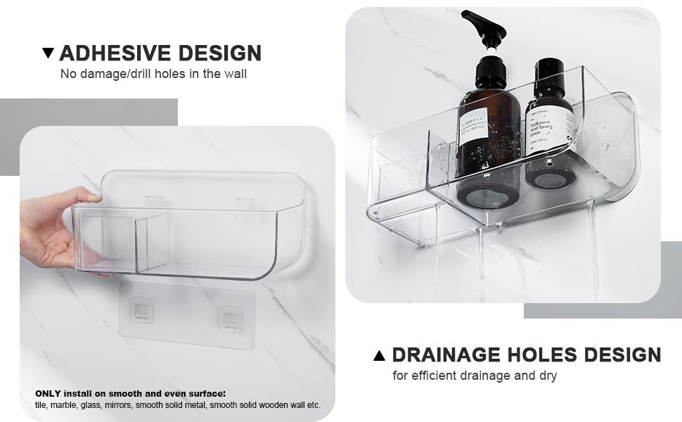 YOHOM Clear Adhesive Bathroom Caddy Organizer for Tile Wall Mounted Stick on Shower