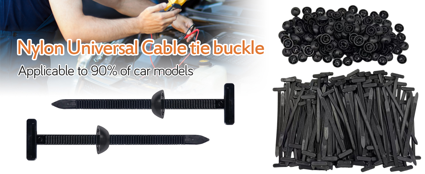 Text reads 'Nylon Universal Cable Label Lock'. Image shows black mounting bracket and collection of small black cable management components.