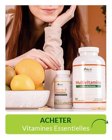 Flacons de suppléments de multivitamines et de vitamine D3 présentés avec des agrumes frais. Un bouton vert ci-dessous indique « ACHETER Vitamines Essentielles