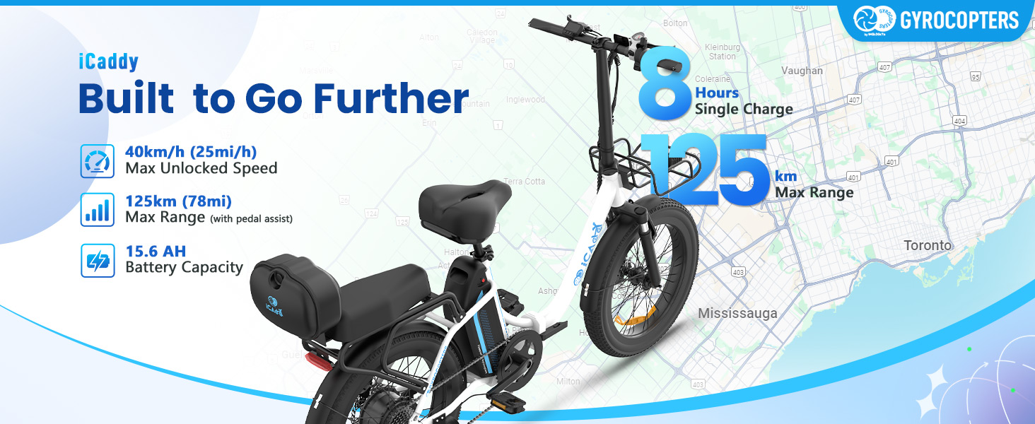 iCaddy electric bike for adults with basket, seat & GPS tracker
