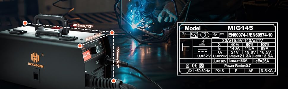 HZXVOGEN MIG Welder, 145A 110V/220V Dual Voltage Flux Core Welder ...