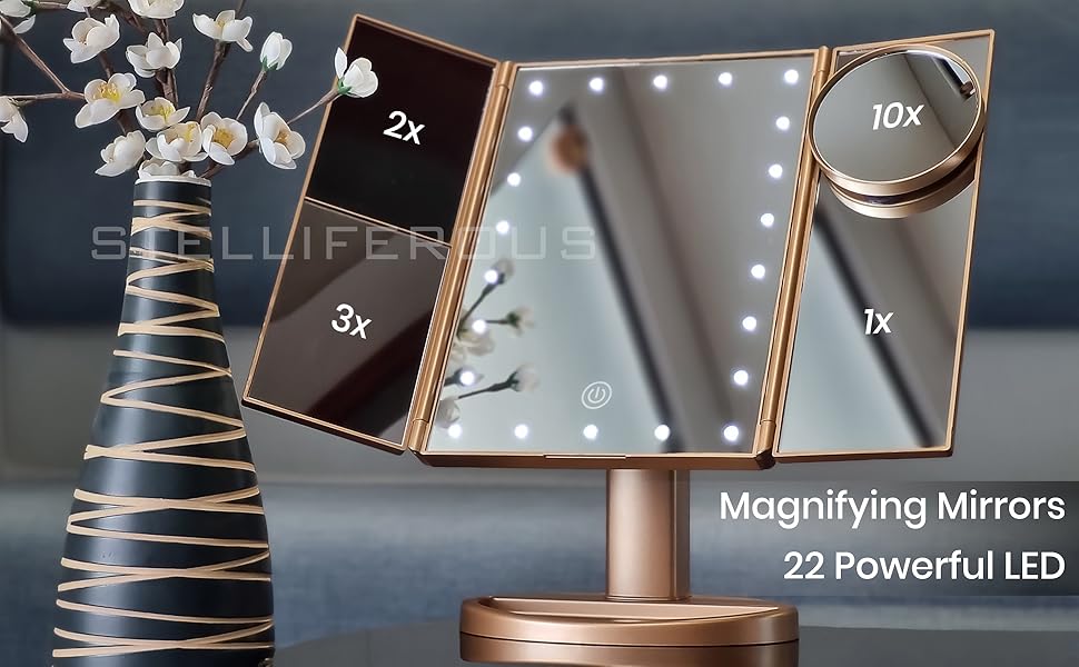 Trifold 10X magnifying mirror