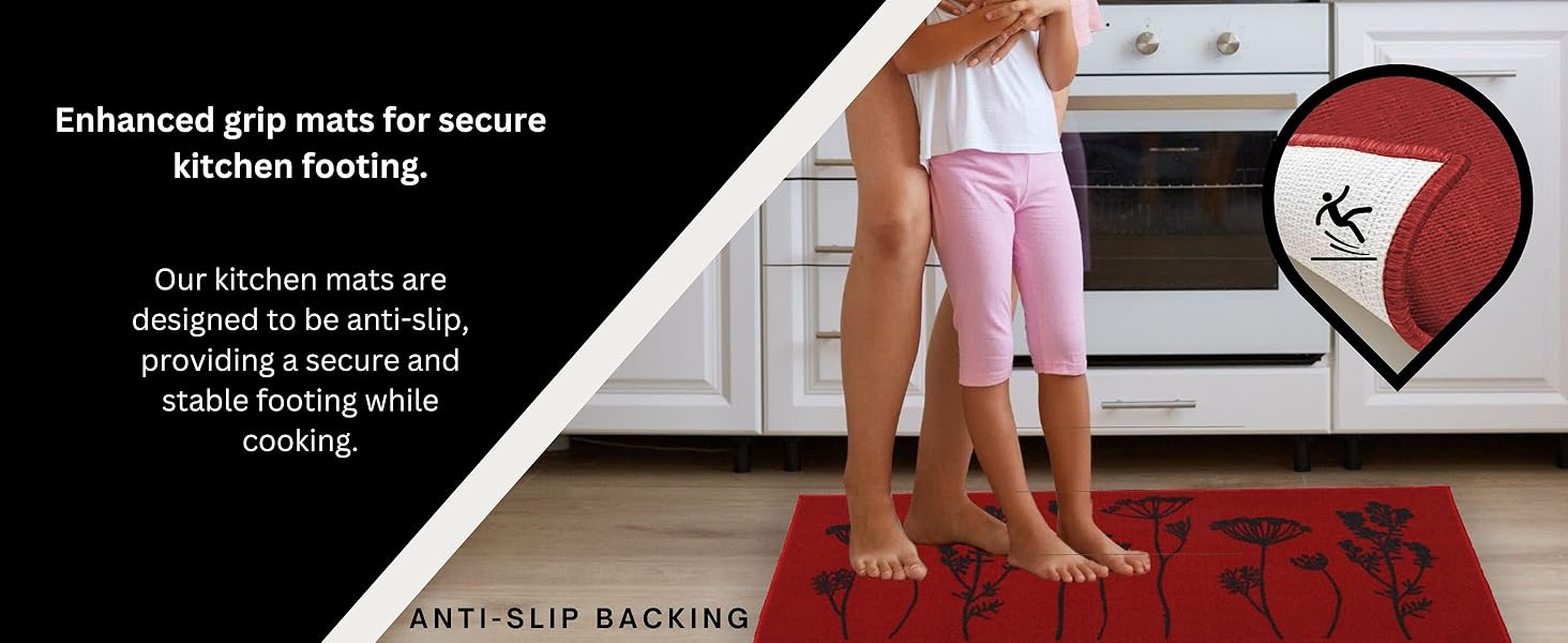 Child standing on a red anti-slip kitchen mat with design, highlighting safety and comfort.