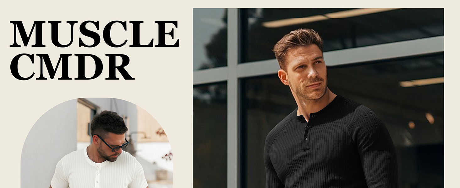 Text reads 'MUSCLE CMDR'. Athletic apparel or fitness-related promotional images showing workout or training scenarios.